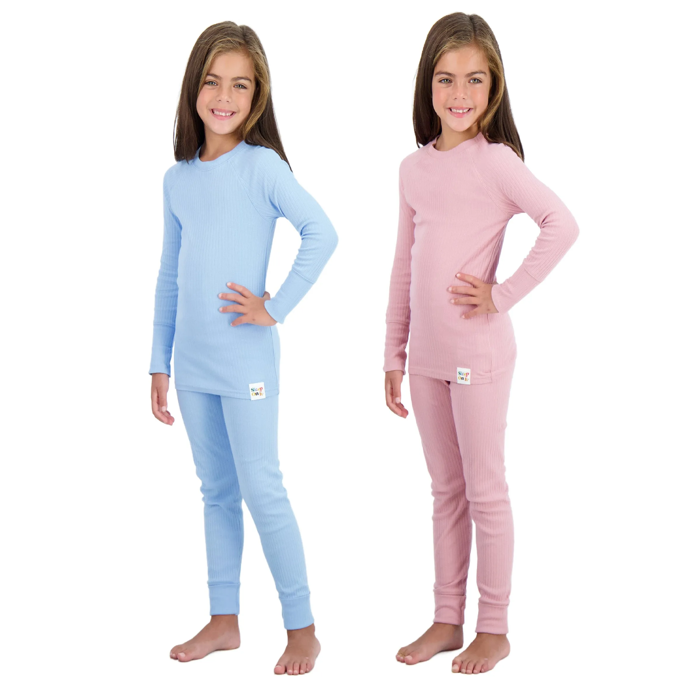 4-Piece 100% Organic Cotton Rib Knit Pajama Sets for Boys & Girls, Light Blue & Pink