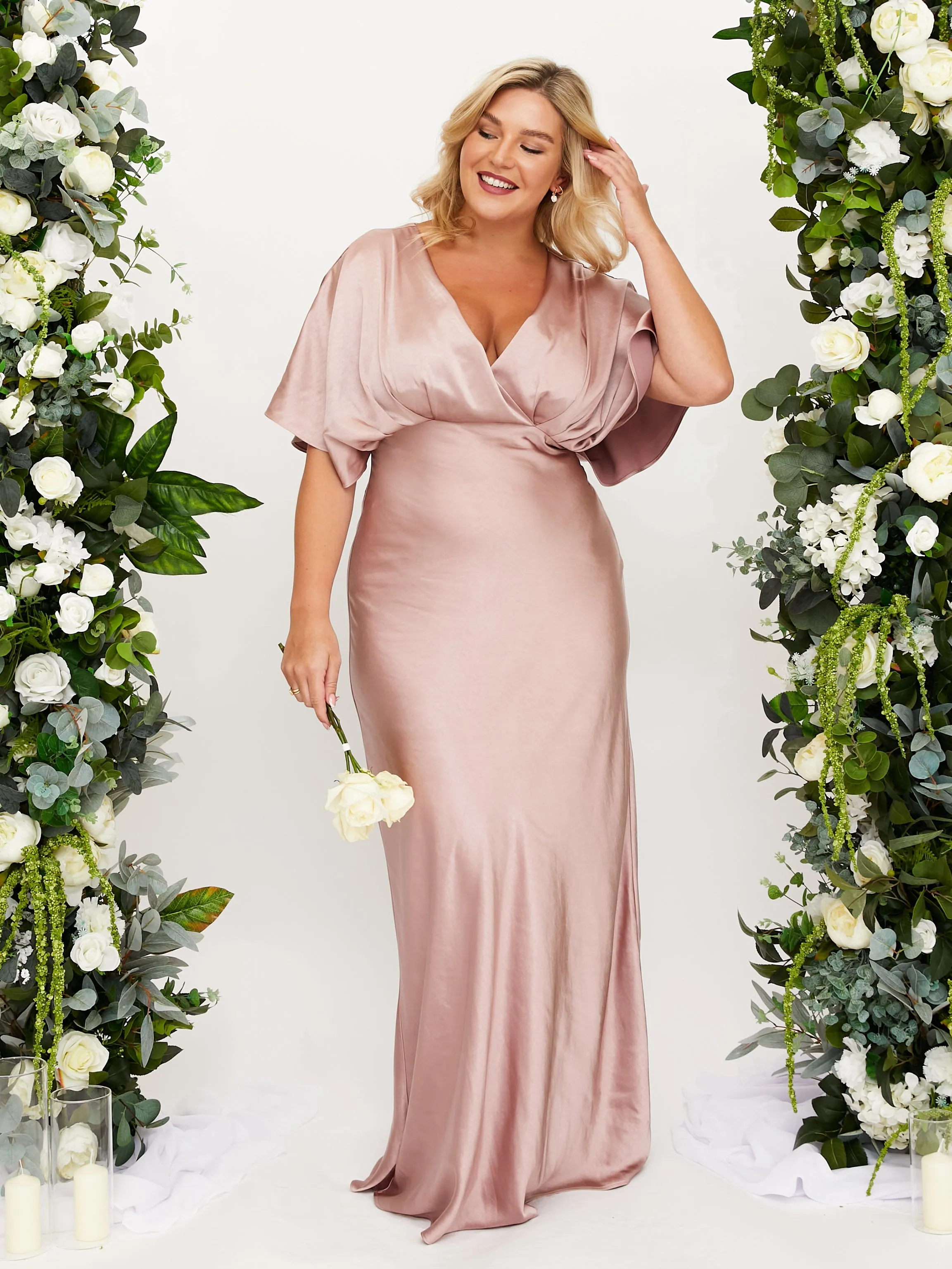 Angel Sleeve Maxi Satin Dress / Blush