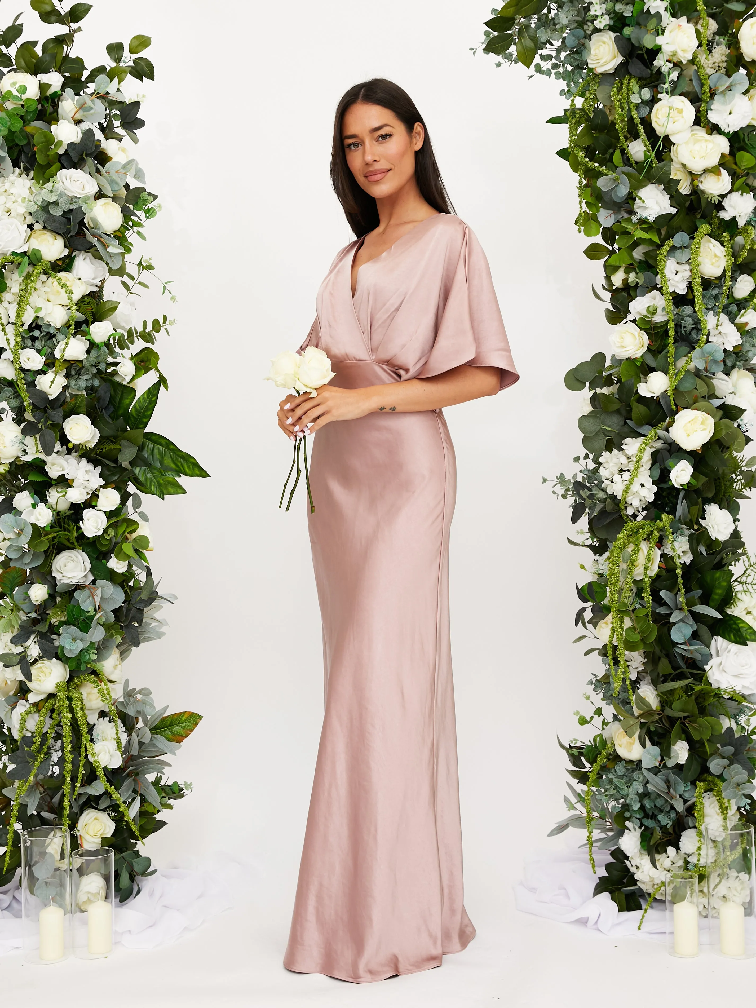 Angel Sleeve Maxi Satin Dress / Blush