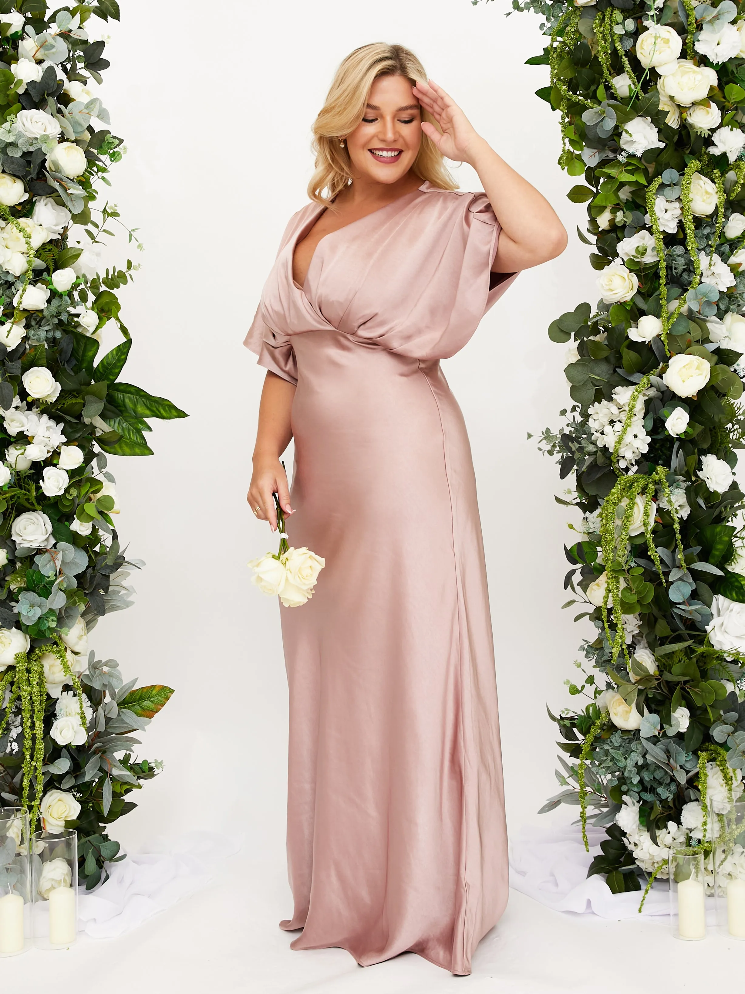 Angel Sleeve Maxi Satin Dress / Blush