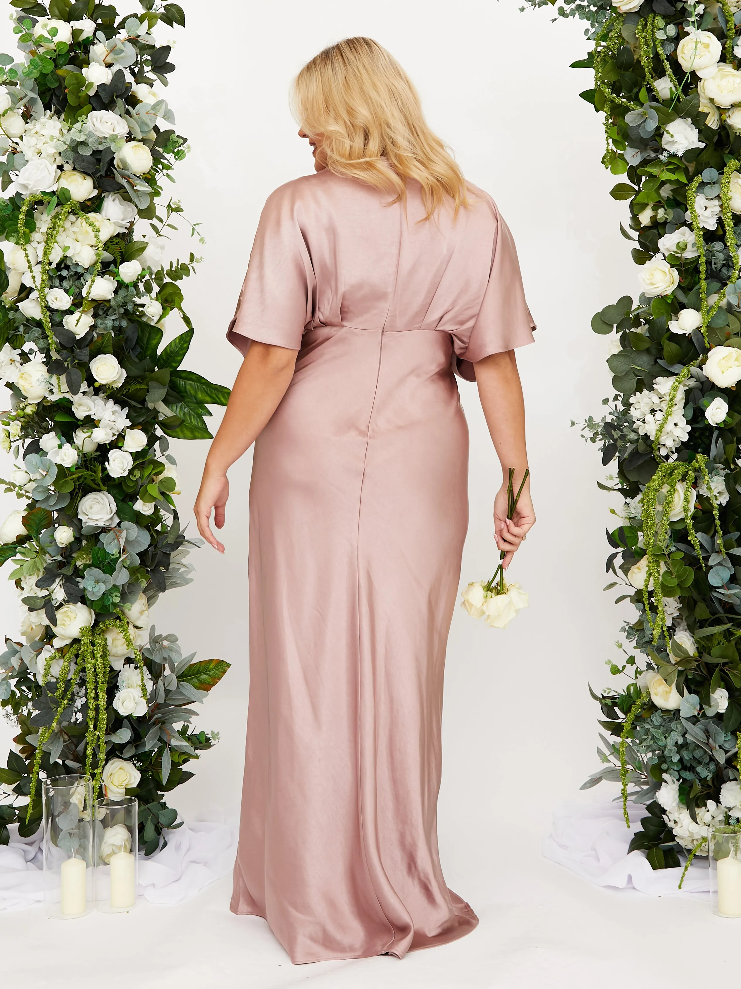 Angel Sleeve Maxi Satin Dress / Blush