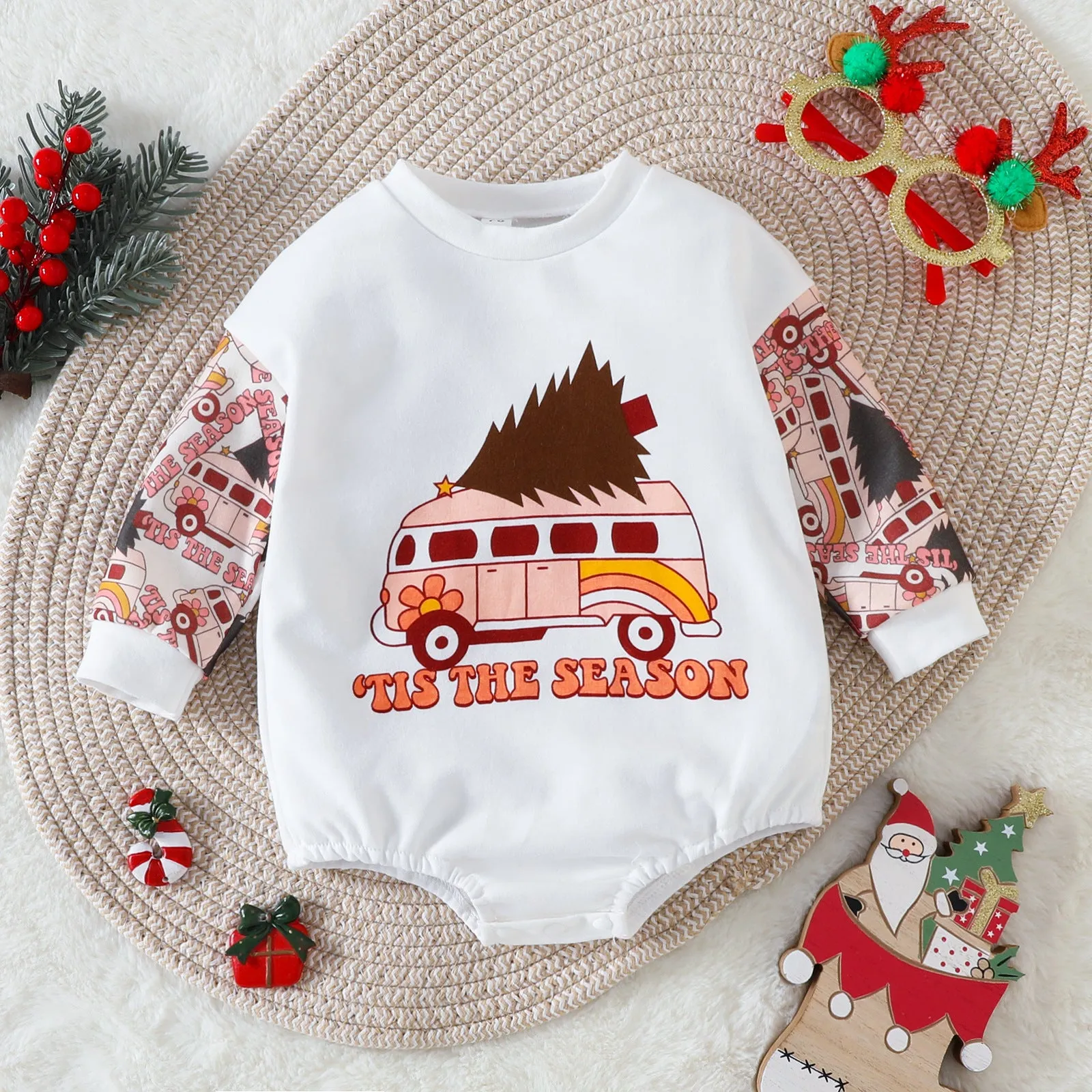 Baby Boys Girls Solid Cartoon Print Long Sleeve Bodysuit Christmas Creeper