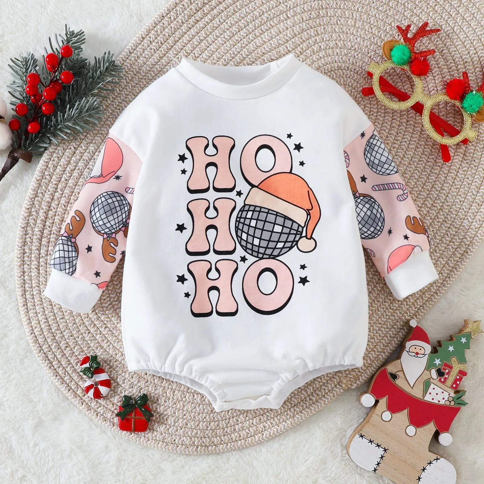 Baby Boys Girls Solid Cartoon Print Long Sleeve Bodysuit Christmas Creeper