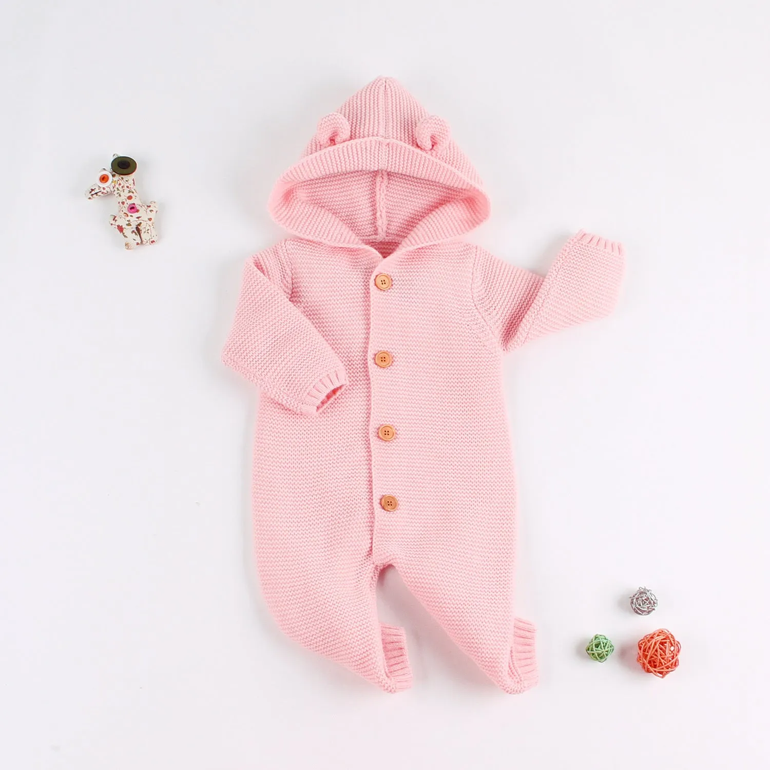 Baby Boys Girls Solid Color Knitted Hooded Cartoon Onesie