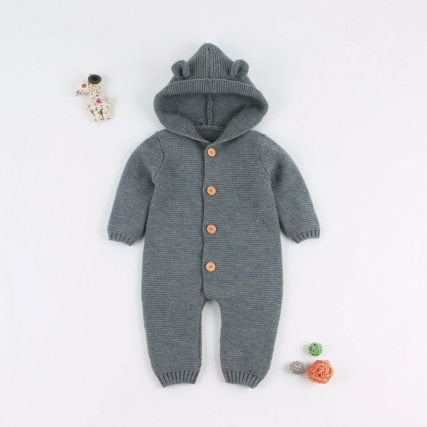 Baby Boys Girls Solid Color Knitted Hooded Cartoon Onesie