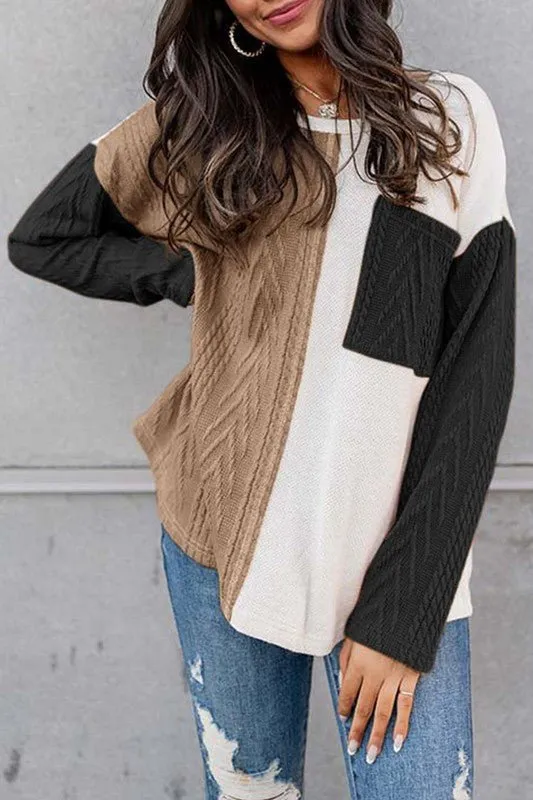 Cable knit color block round neck sweater *Online Only*