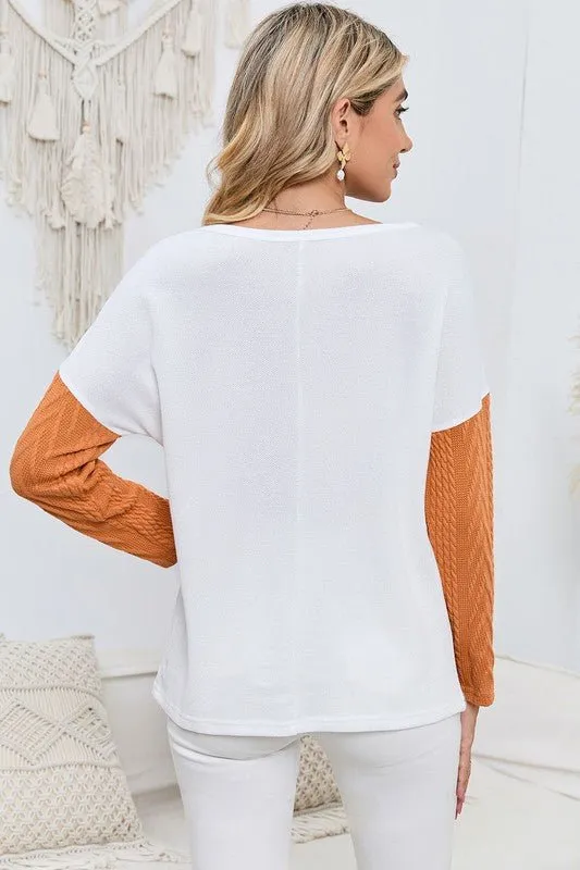 Cable knit color block round neck sweater *Online Only*