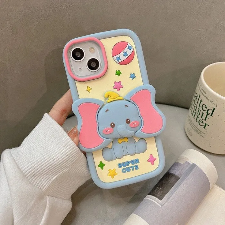 Cute Blue Cartoon Elephant Character With Foldable Big Ears Stand Design Protective Shockproof Phone Case for iPhone 11 12 13 14 15 Pro Max