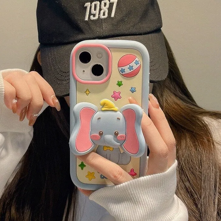 Cute Blue Cartoon Elephant Character With Foldable Big Ears Stand Design Protective Shockproof Phone Case for iPhone 11 12 13 14 15 Pro Max