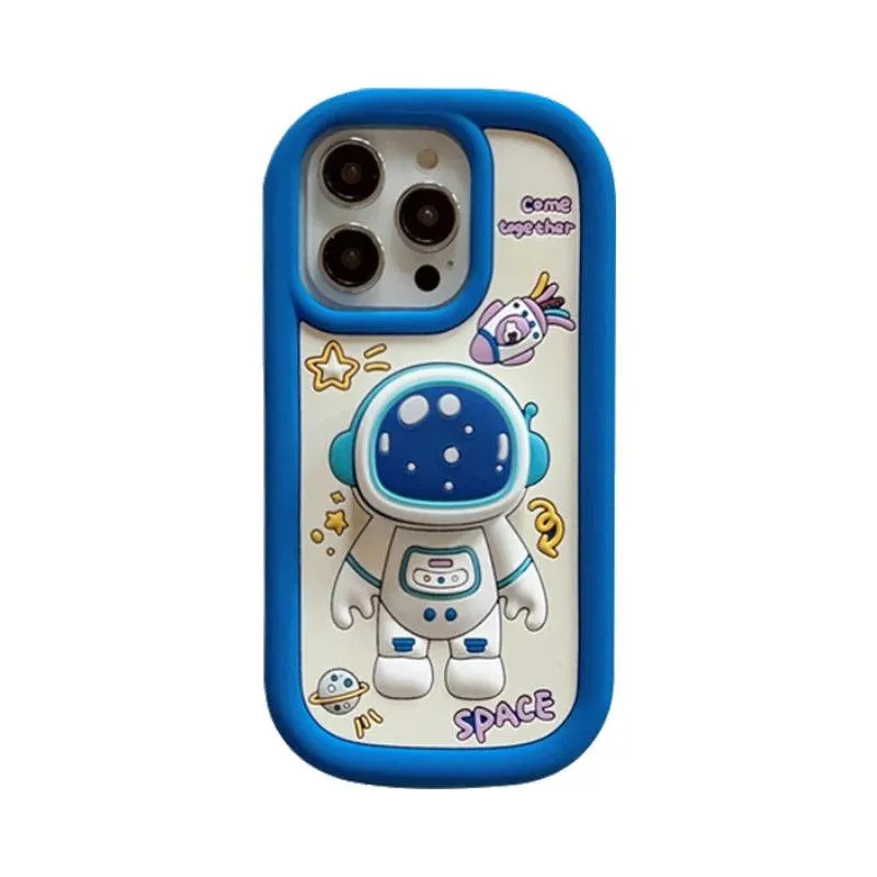 Cute Cartoon Astronaut Phone Case with Holder for iPhone 15, 14, 13, 12 Pro Max