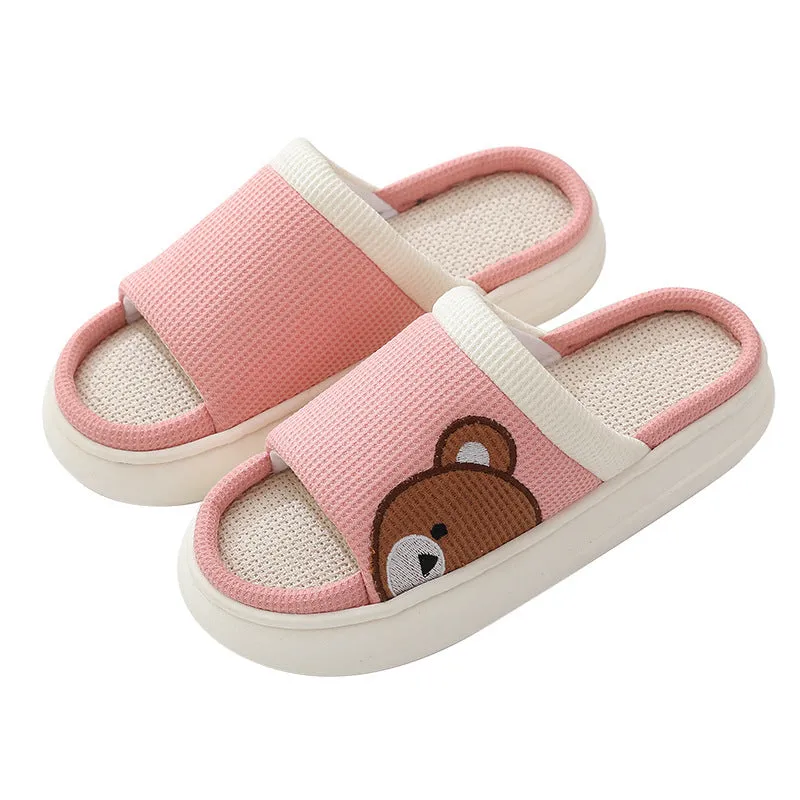 Cute Cartoon Bear Linen Slippers For Women Indoor Non-slip Sweat-absorbent Breathable Slip On Floor Bedroom Slipper House Shoes