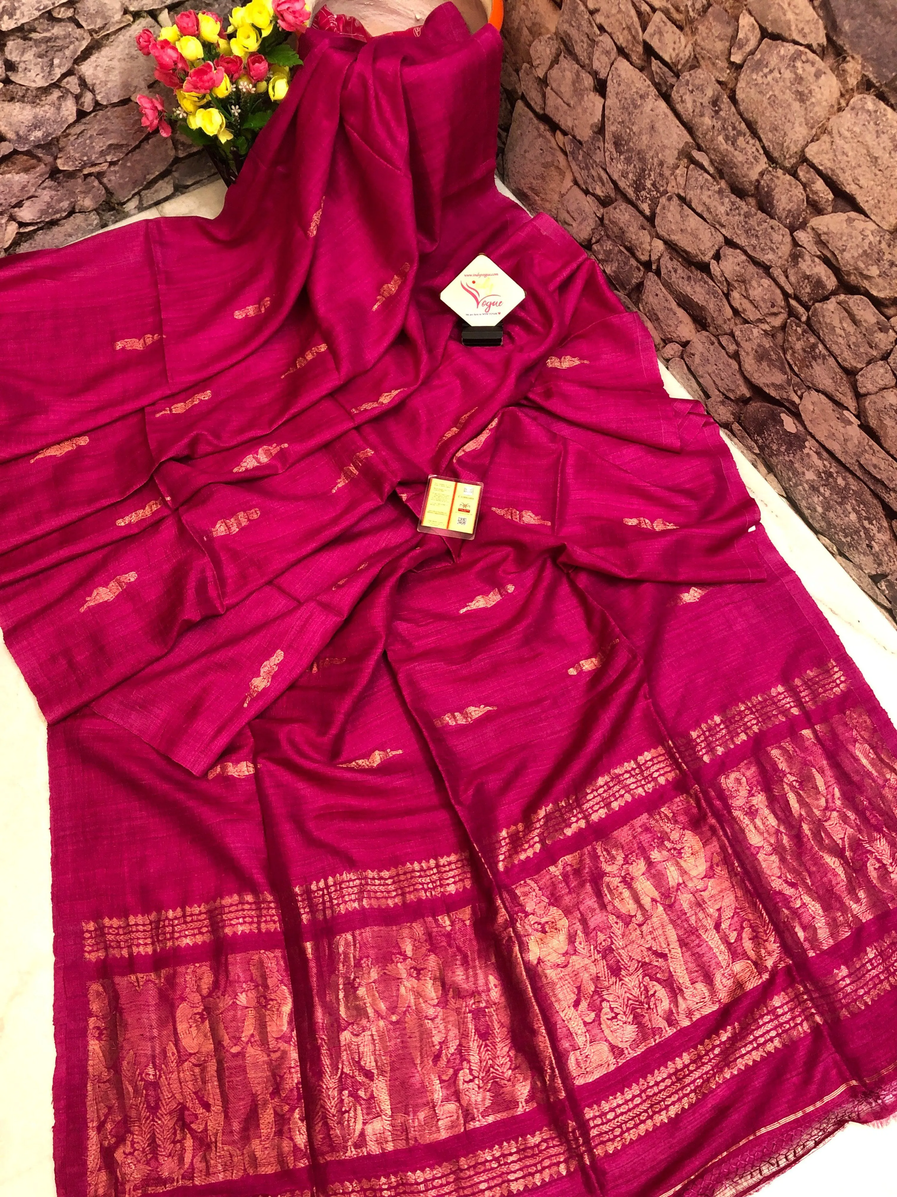 Dark Magenta Color Pure Matka Tussar Handloom with Baluchari Design