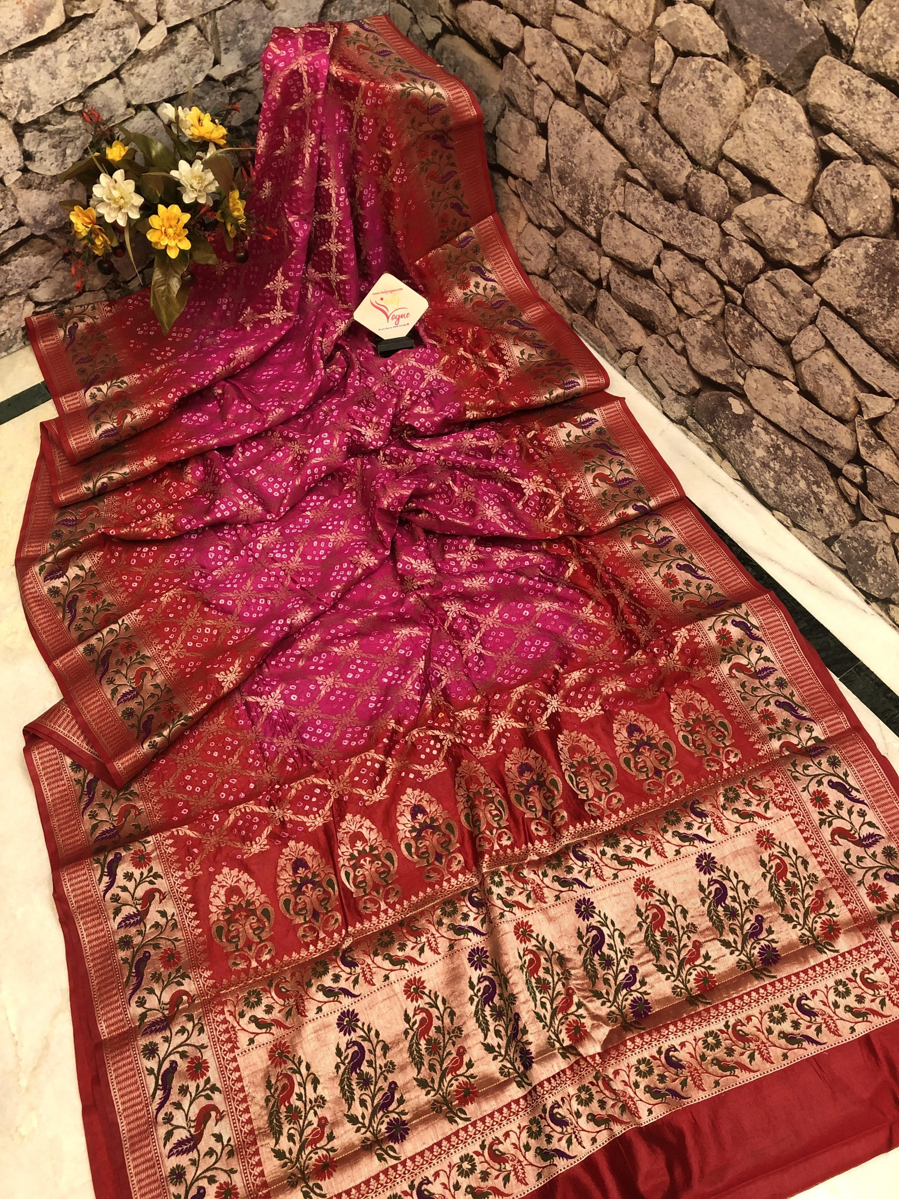 Deep Magenta & Red Color Dupion Silk with Paithani Design & Bandhani Work