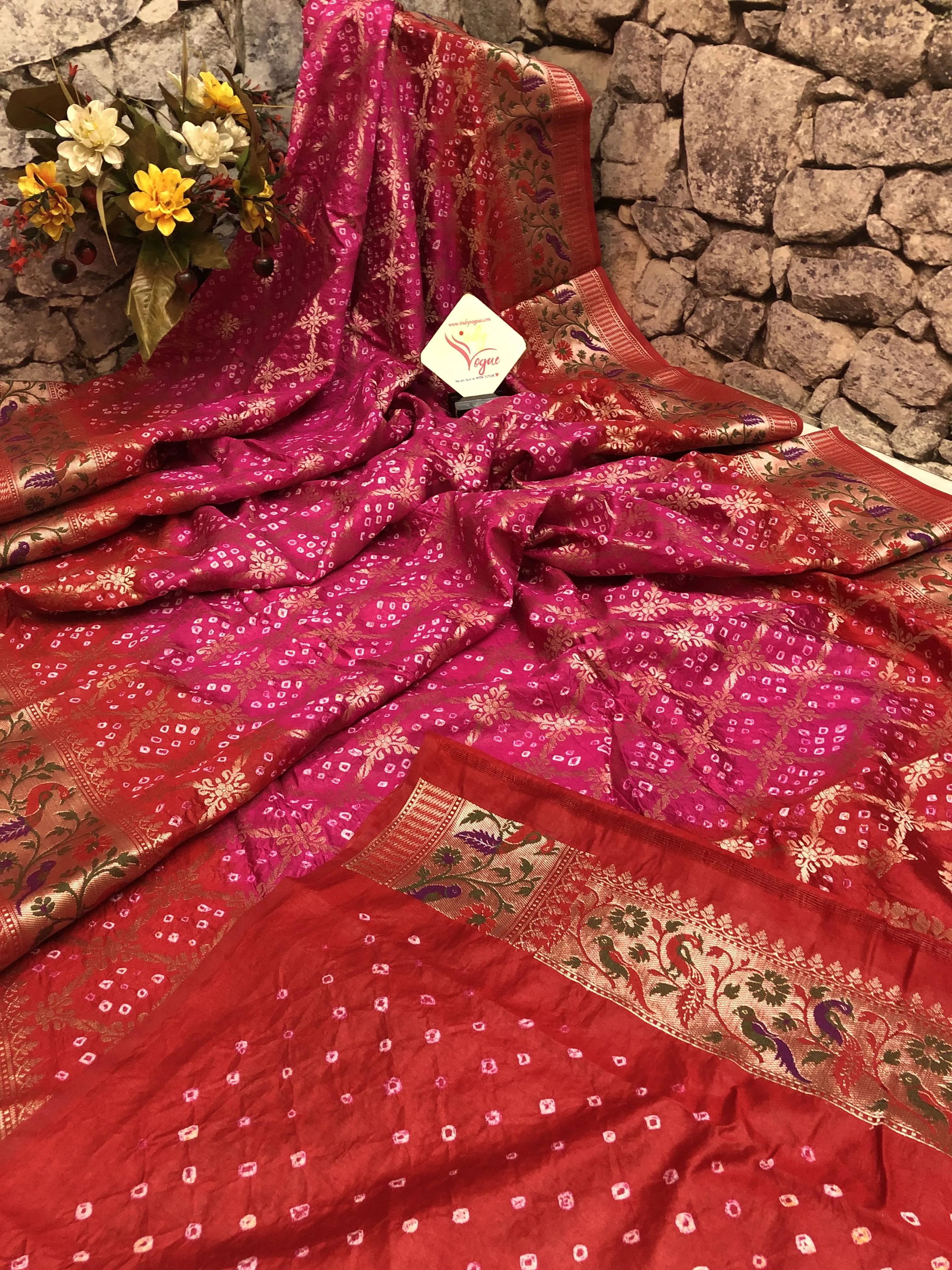 Deep Magenta & Red Color Dupion Silk with Paithani Design & Bandhani Work