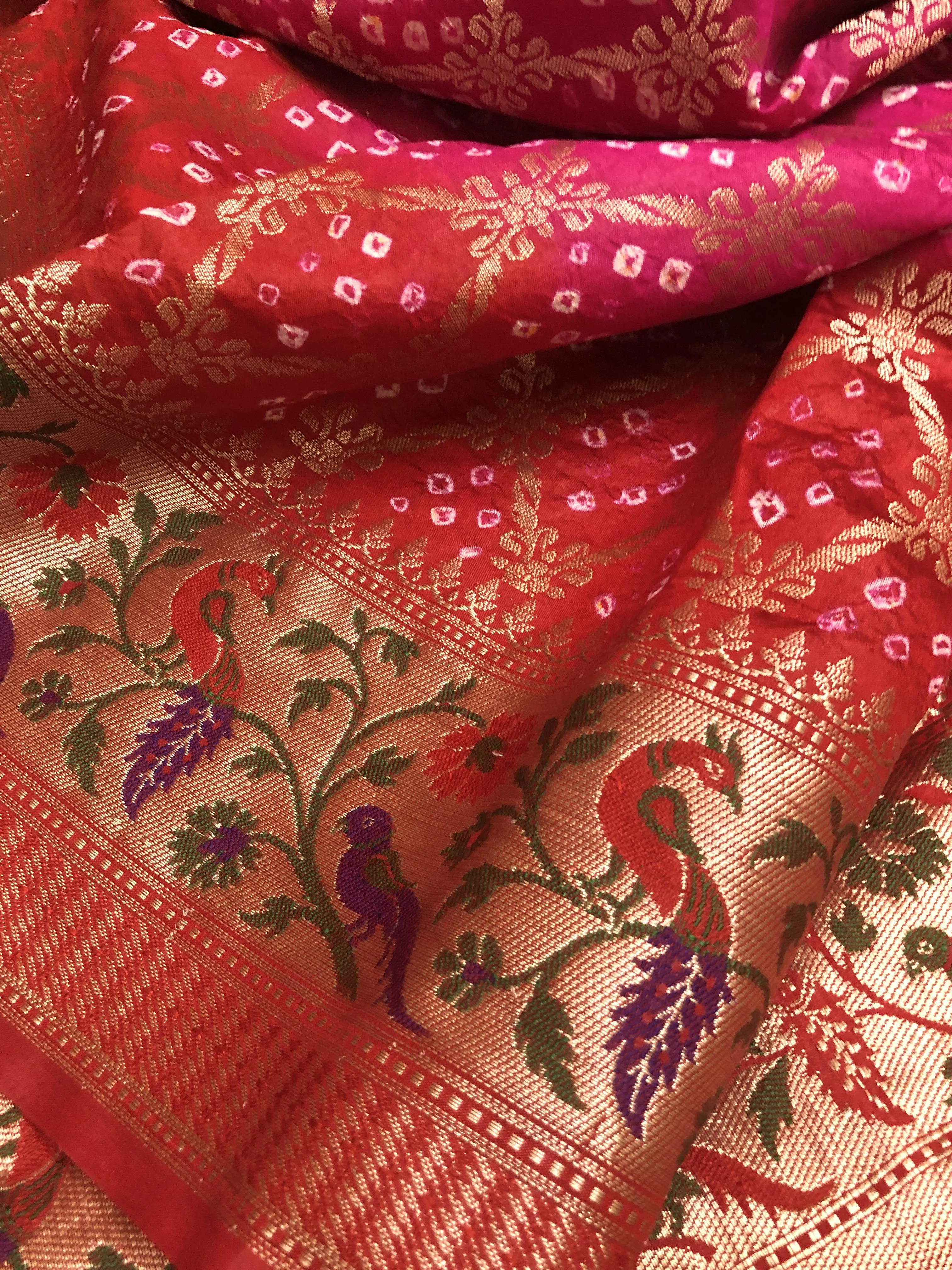 Deep Magenta & Red Color Dupion Silk with Paithani Design & Bandhani Work