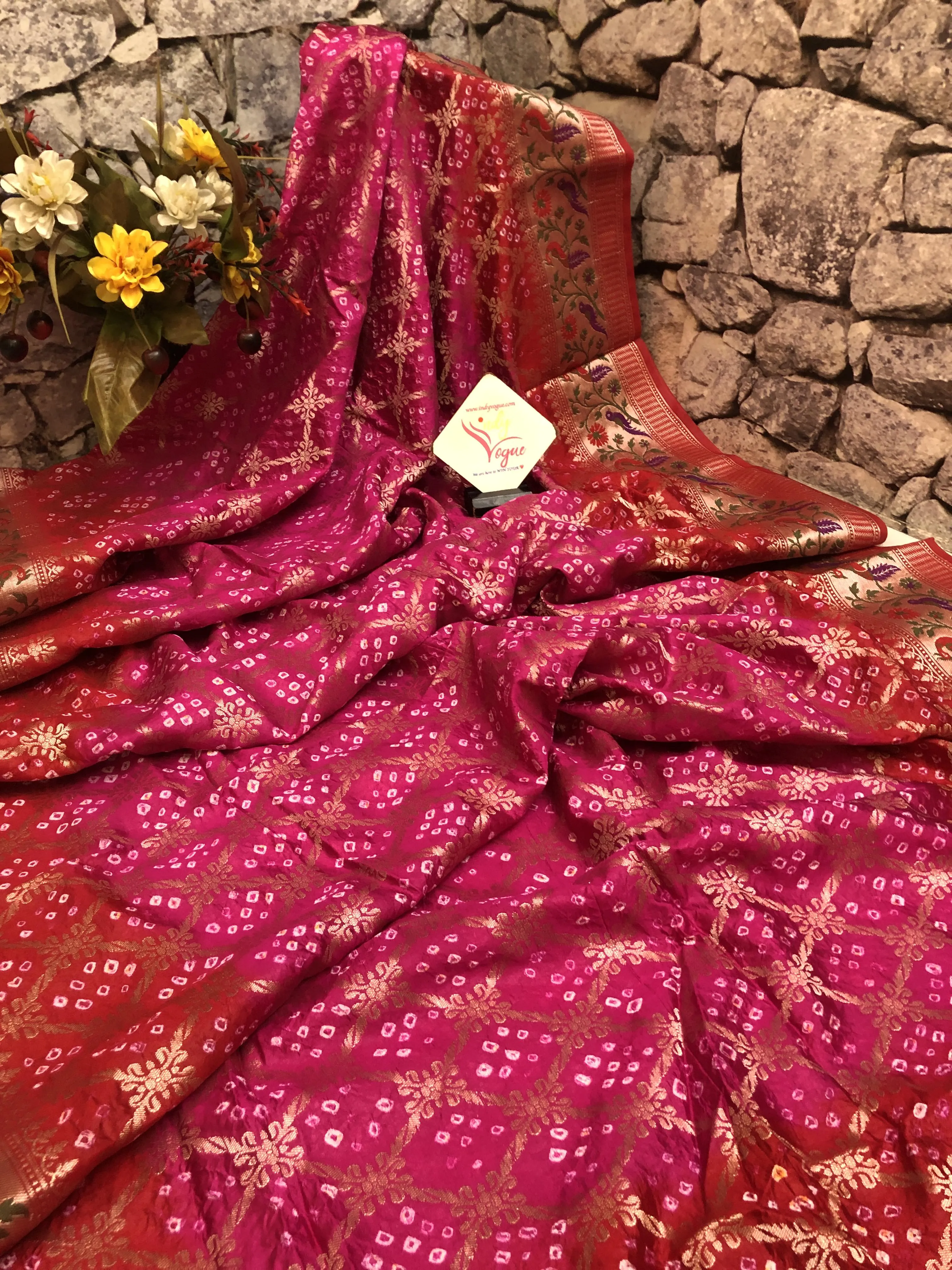 Deep Magenta & Red Color Dupion Silk with Paithani Design & Bandhani Work