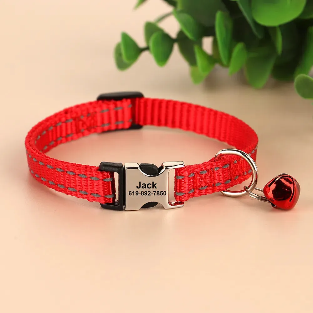 Engraved Custom Cat Collar Reflective Kitten Puppy Collars with Bell Personalized Pet Cats Collar Necklace Accessories 1cm Width