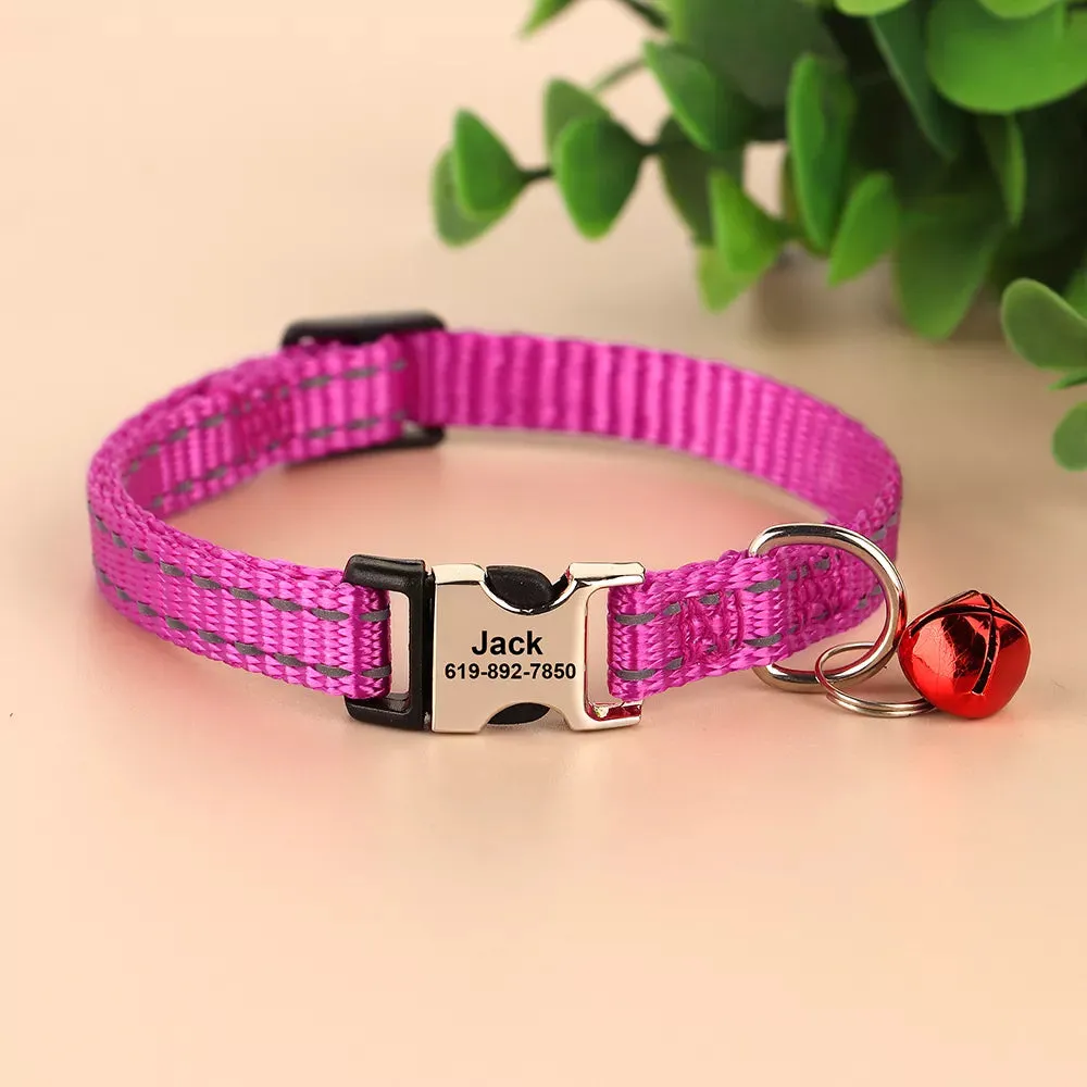 Engraved Custom Cat Collar Reflective Kitten Puppy Collars with Bell Personalized Pet Cats Collar Necklace Accessories 1cm Width