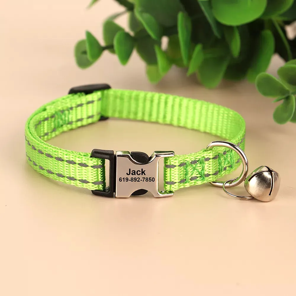 Engraved Custom Cat Collar Reflective Kitten Puppy Collars with Bell Personalized Pet Cats Collar Necklace Accessories 1cm Width