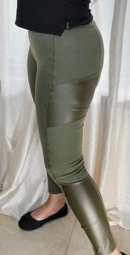 Faux Leather Panel Leggings with Elastic Waist