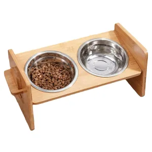 Fresh Fab Finds Bamboo Double Dog Raised Bowls 15° Tilt Elevated Dog Bowls with 4 Adjustable Heights 2 Stainless Steel Bowls Pet Feeder for Dogs Cats Rabbits