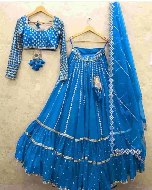 Gorgeous Sky-blue Faux Georgette Ruffle Lehenga Choli Party Wear Wedding Dress