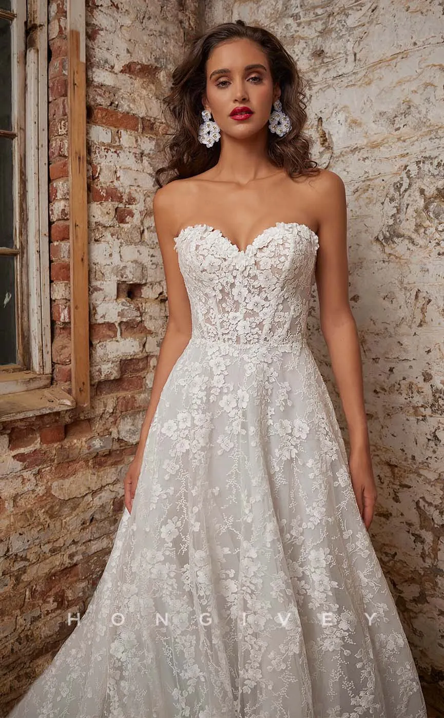 H1002 - Popular Sweetheart Lace Appliques With Sweep Train Long Boho/Beach Wedding Dress