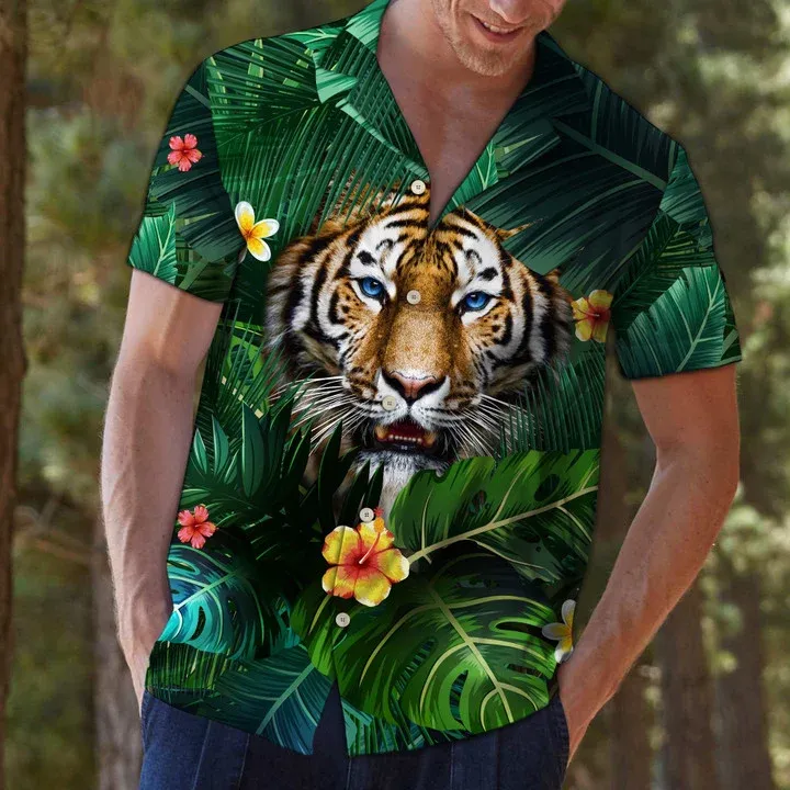 Hiding Tiger In Flower And Leaves Hawaiian Shirt, Short Sleeve Hawaiian Aloha Shirt for men and women