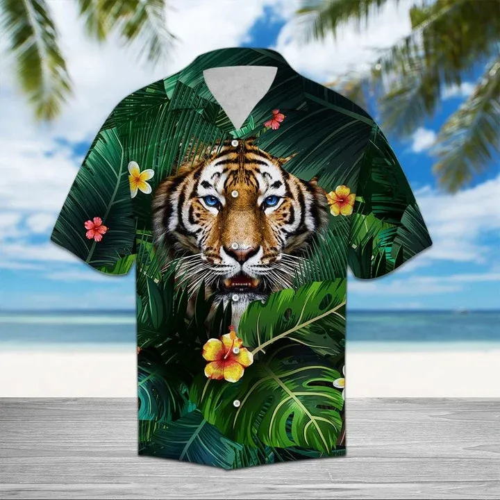 Hiding Tiger In Flower And Leaves Hawaiian Shirt, Short Sleeve Hawaiian Aloha Shirt for men and women