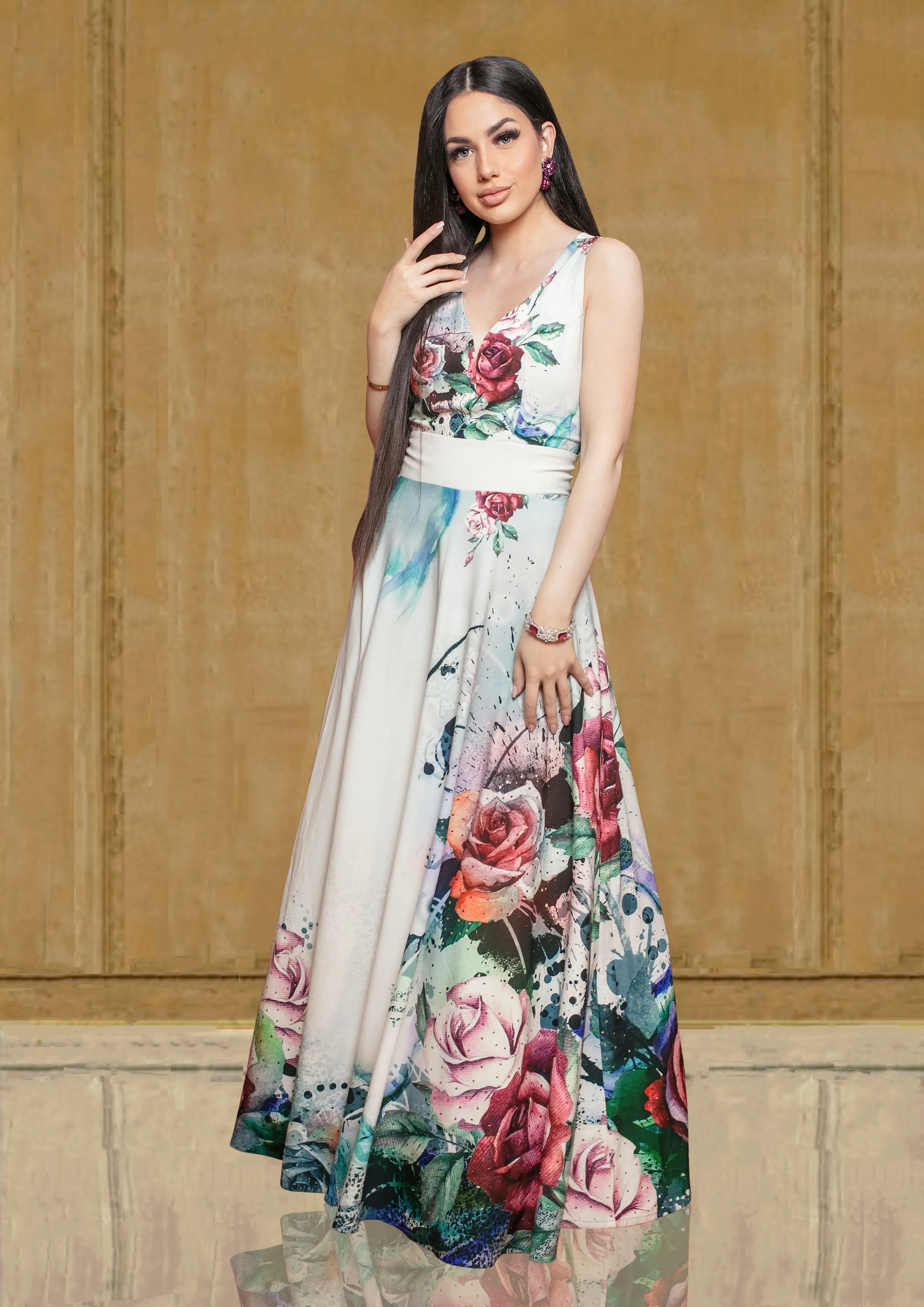 Ivory Off - White Silk Festive Gown with multi-coloured Florals