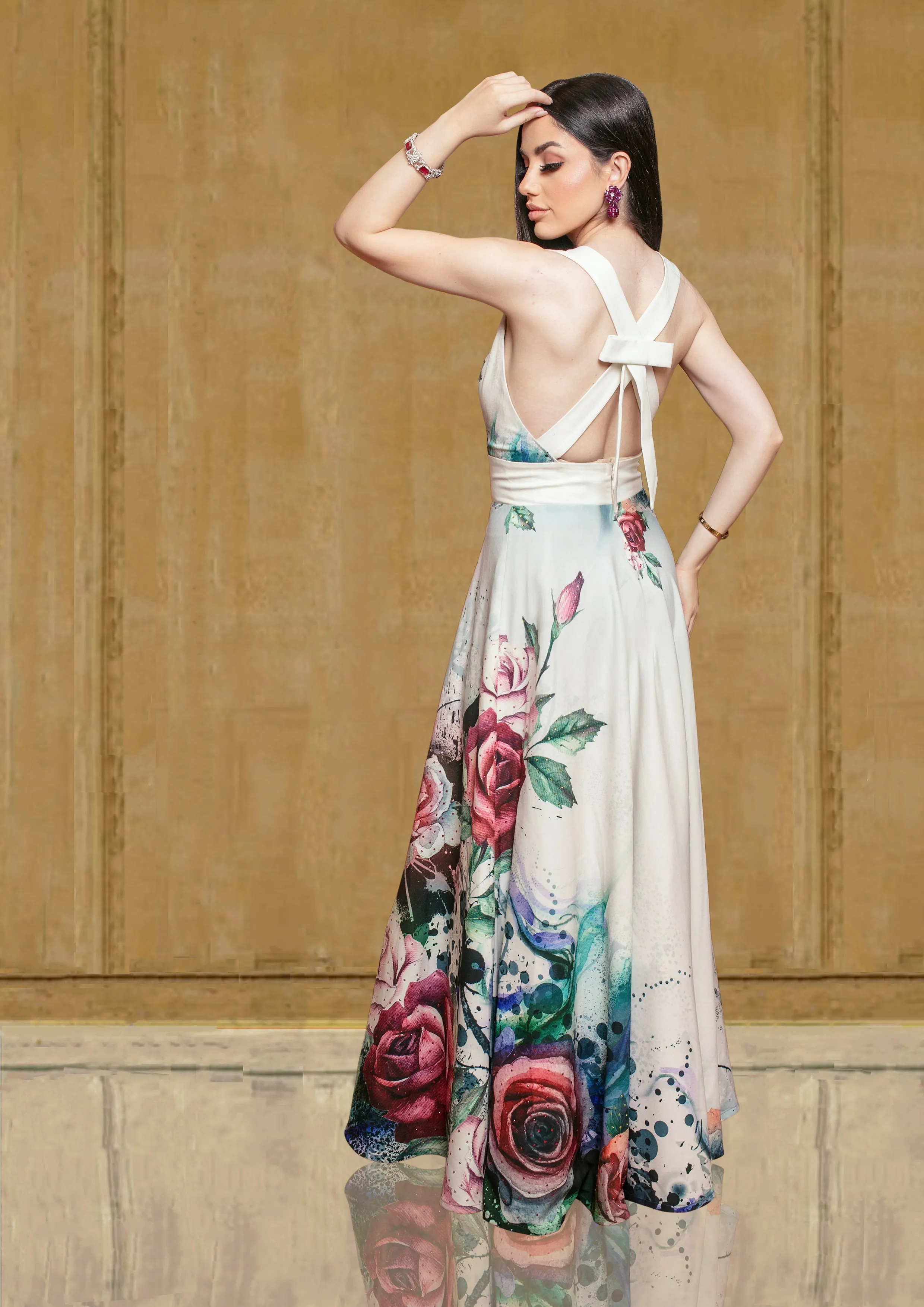 Ivory Off - White Silk Festive Gown with multi-coloured Florals