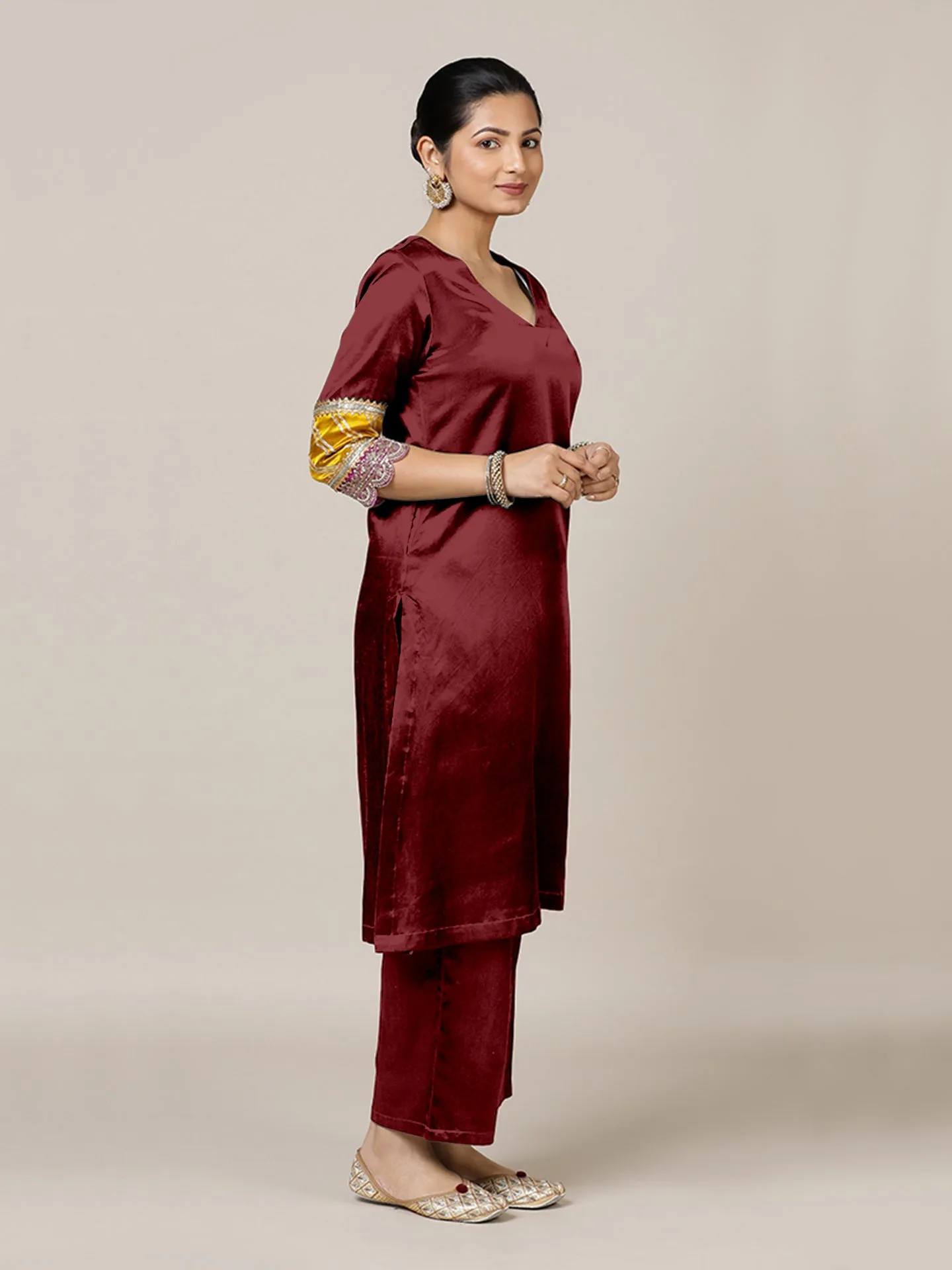 Kainaat x Tyohaar | Garnet Wine Mashru Silk A-Line Kurta with Embroidered Sleeves | Coords or Only Kurta