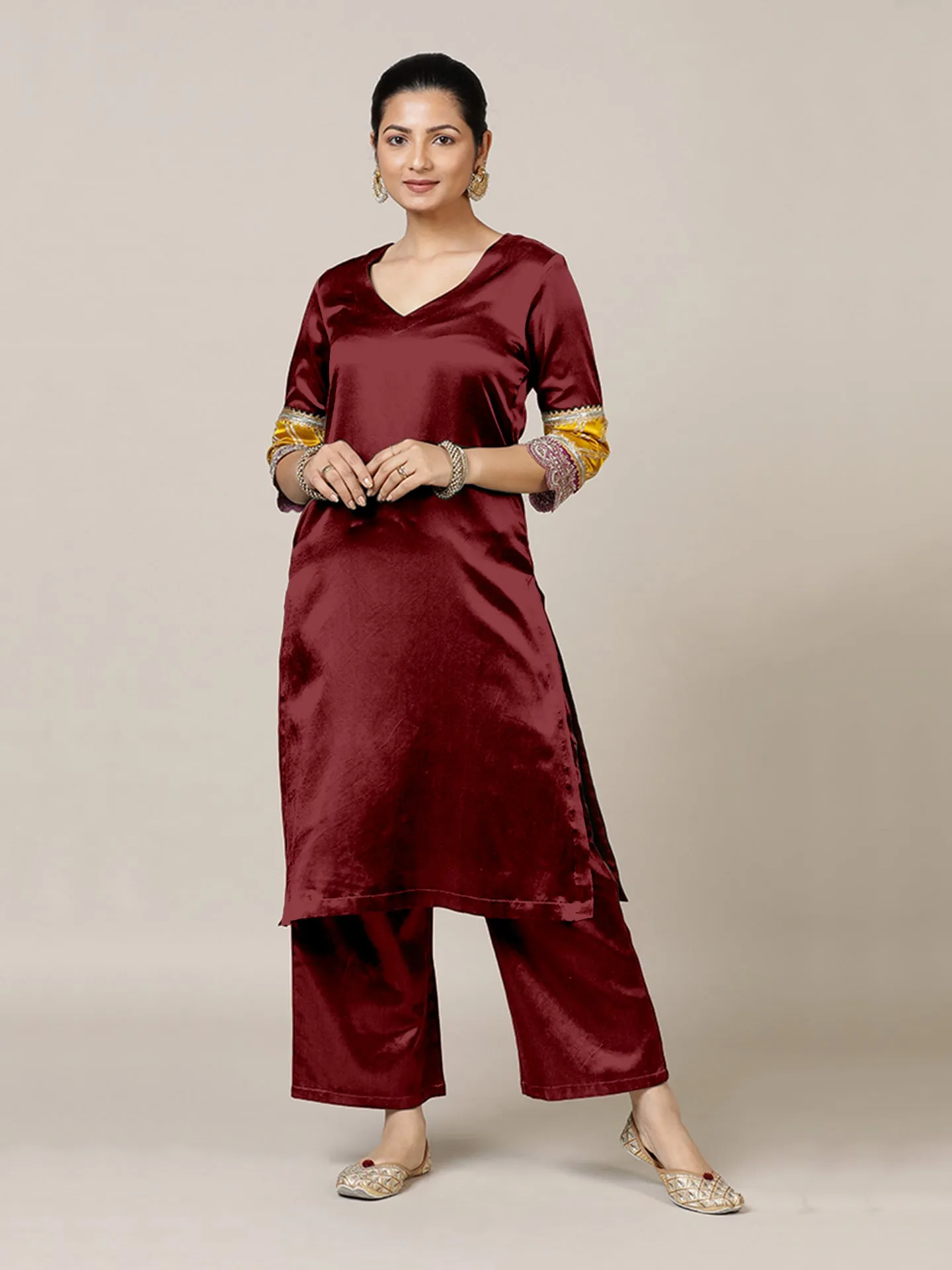 Kainaat x Tyohaar | Garnet Wine Mashru Silk A-Line Kurta with Embroidered Sleeves | Coords or Only Kurta