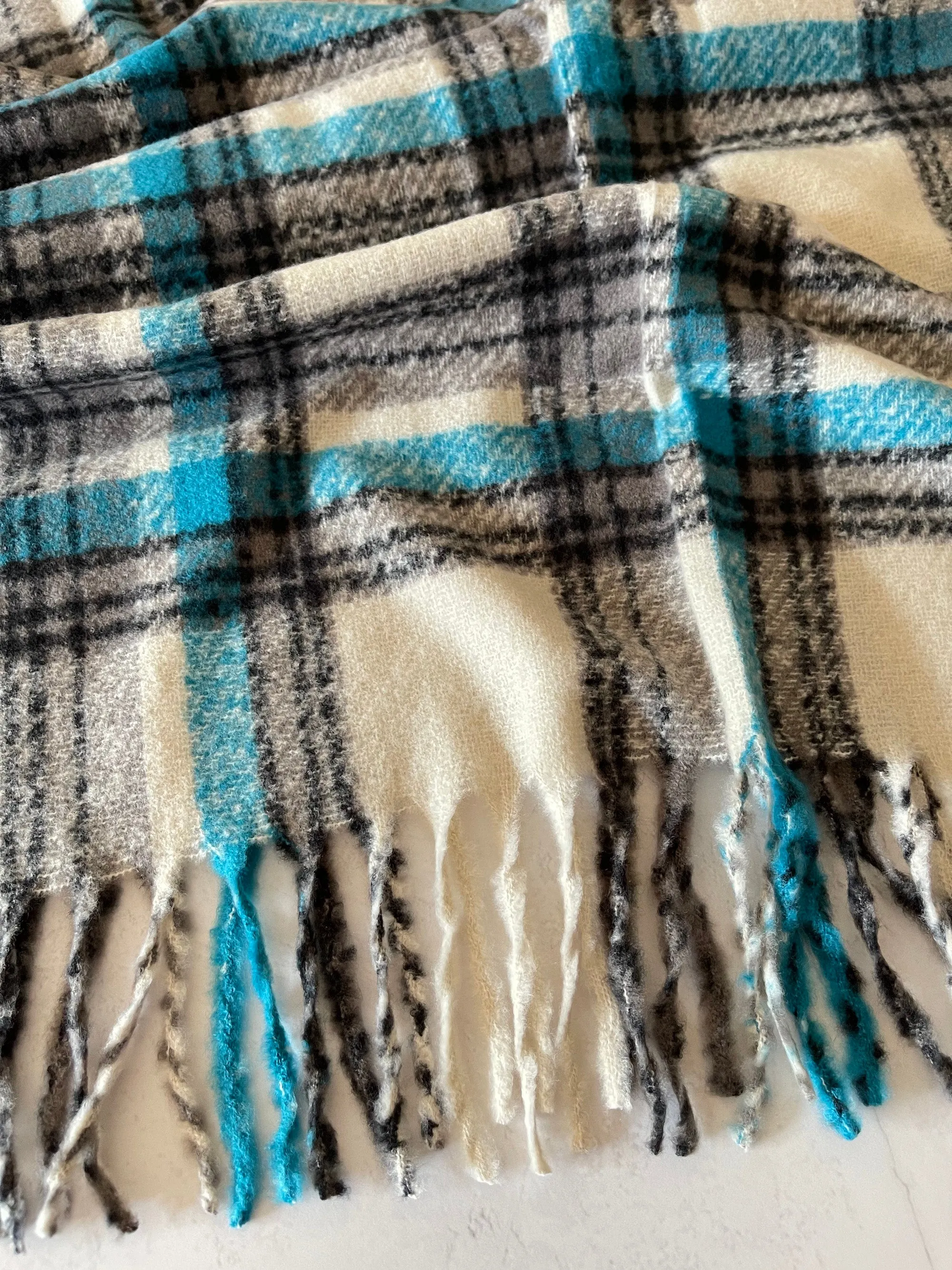 LONG WHITE CASHMERE MIX CHECKED TARTAN SCARF