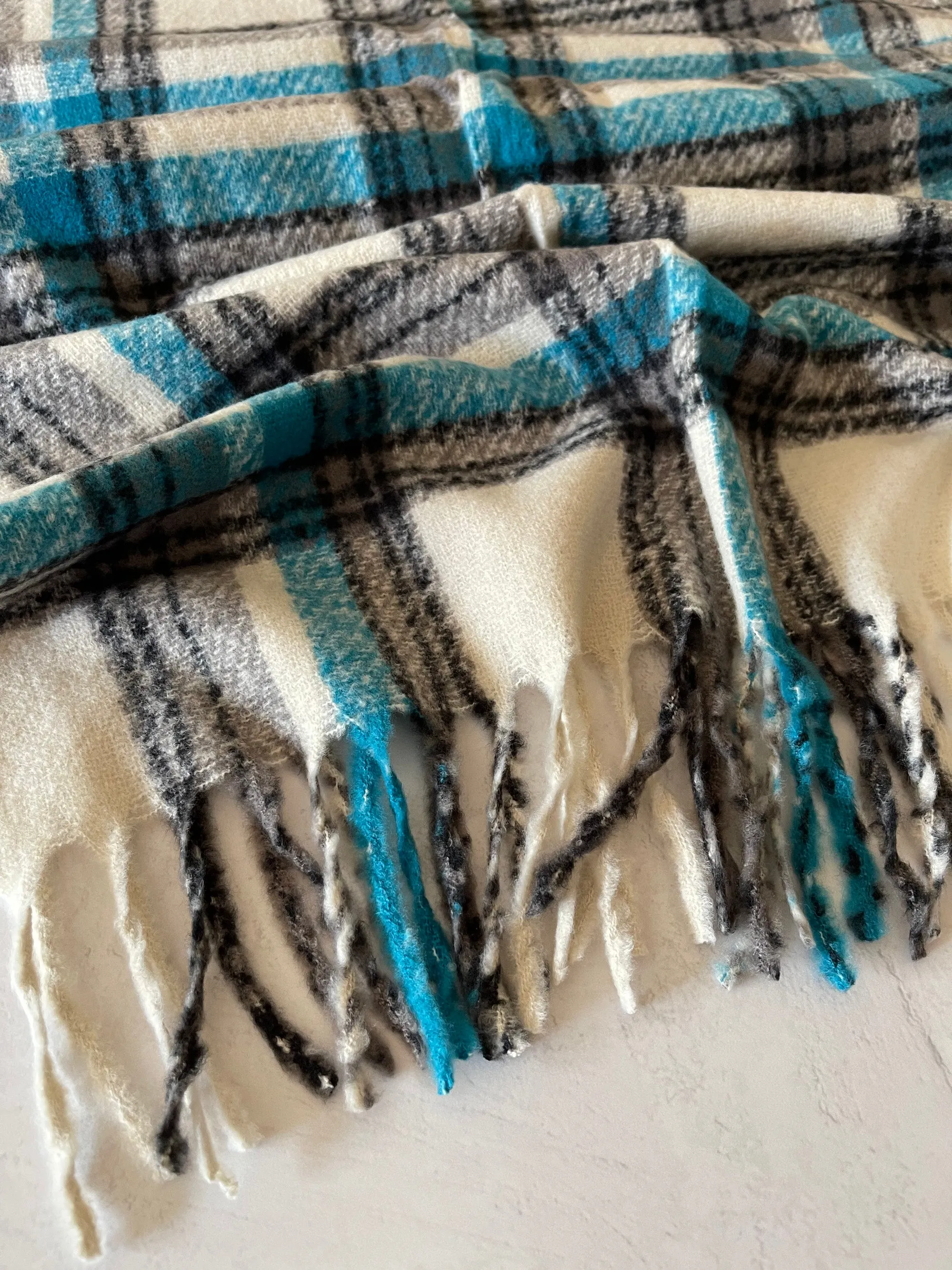 LONG WHITE CASHMERE MIX CHECKED TARTAN SCARF