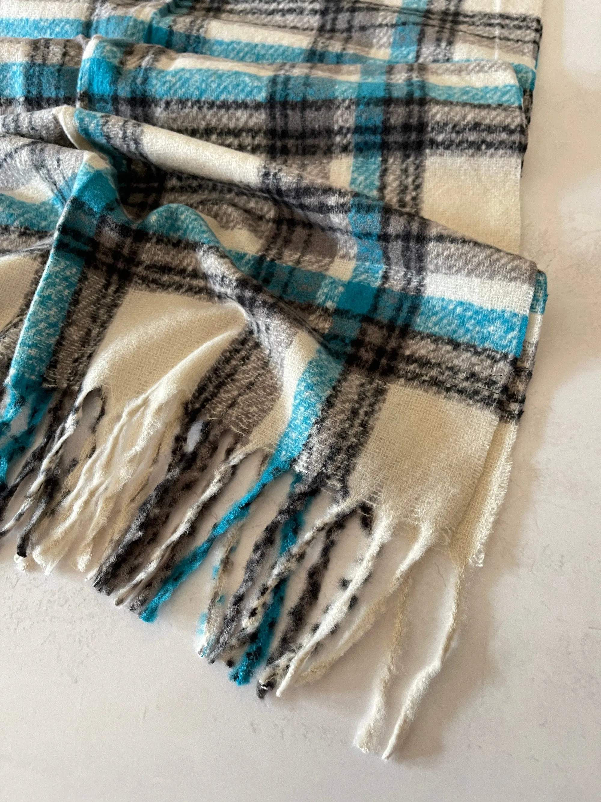 LONG WHITE CASHMERE MIX CHECKED TARTAN SCARF