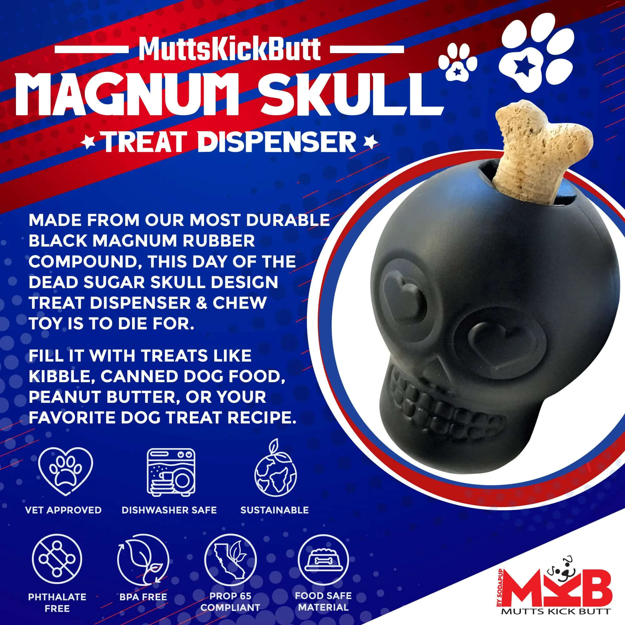 Magnum Sugar Skull eDispenser Ultra-Durable Chew Toy & Treat Dispenser - Black