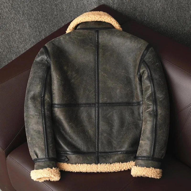 Men Sheepskin Genuine Leather Jacket Winter Warm Shearling Wool Fur Coat