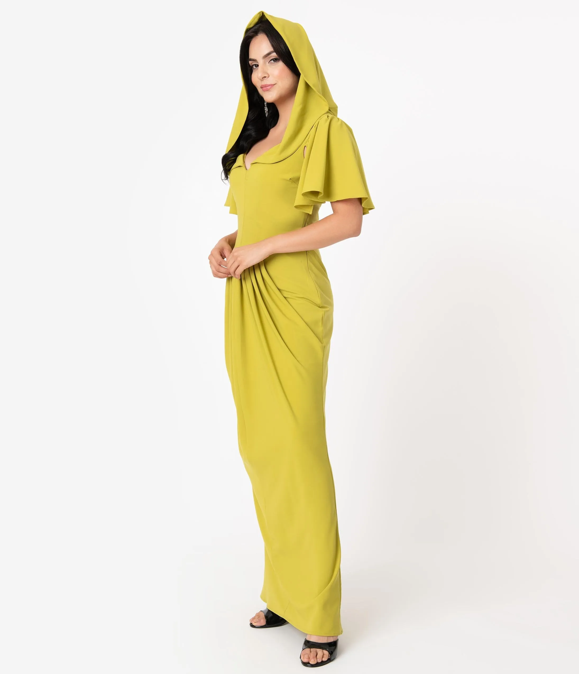 Micheline Pitt For Unique Vintage 1940s Style Chartreuse Zhora Hooded Gown