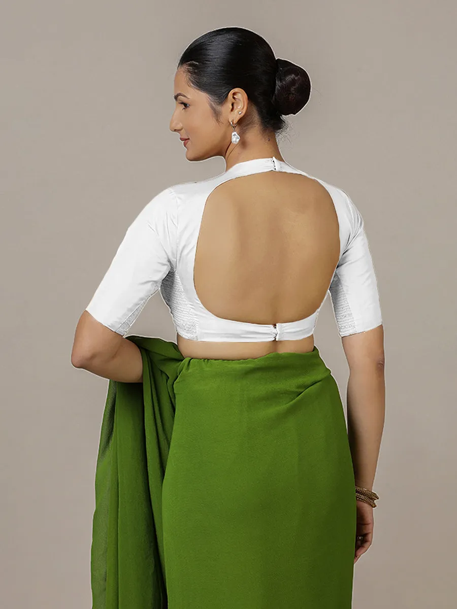 Myra x Rozaana | Pearl White Backless Saree Blouse w/ FlexiFit™