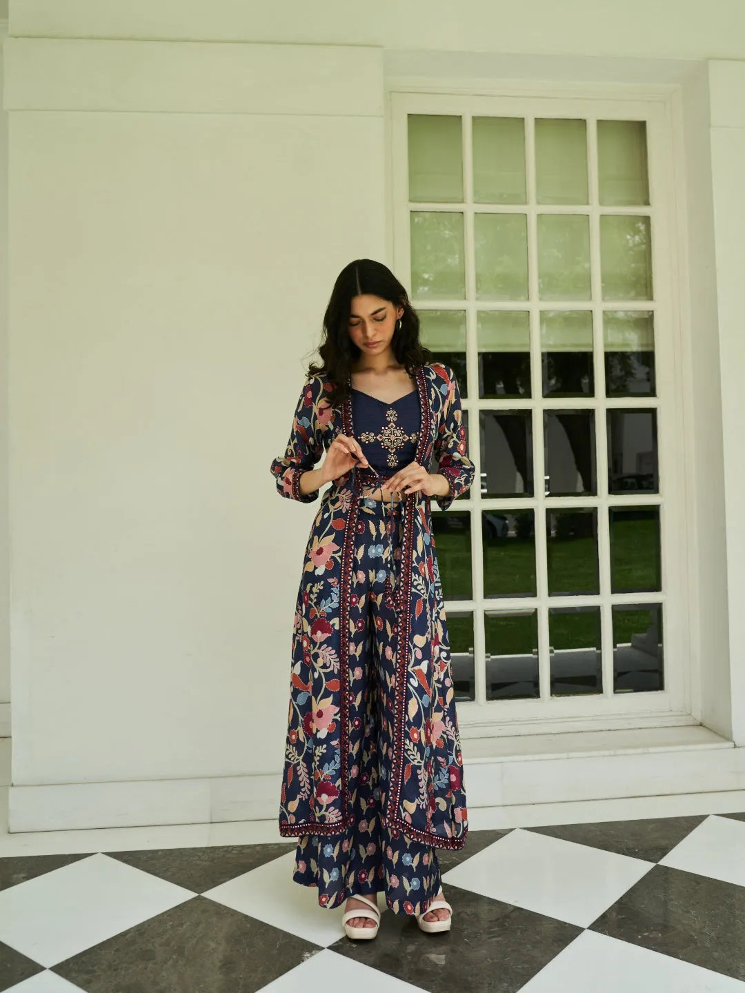 NAVY BLUE DIGITAL PRINTED VISCOSE SATIN WITH HAND EMBROIDERY CO-ORDS SET WITH LONG SHRUG