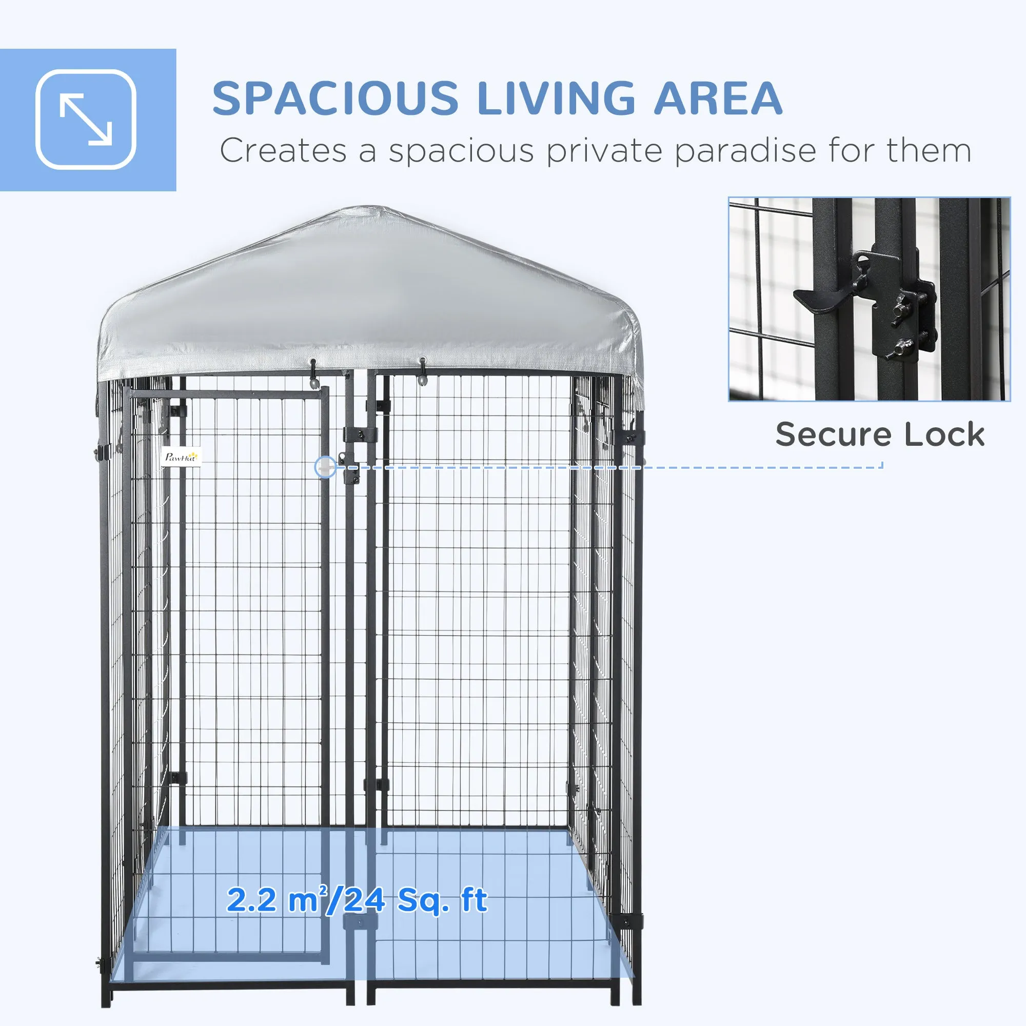 Outdoor Dog Kennel, Dog Run with UV-Resistant Canopy & Lockable Design, Metal Playpen Fence for Large and Medium Dogs, 183 x 121 x 183 cm