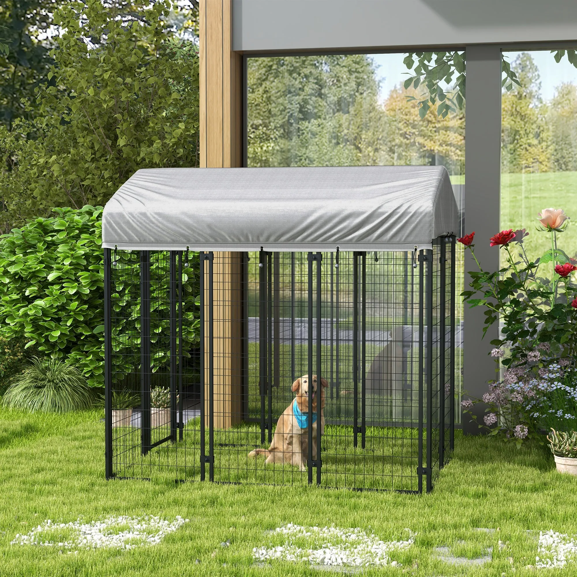 Outdoor Dog Kennel, Dog Run with UV-Resistant Canopy & Lockable Design, Metal Playpen Fence for Large and Medium Dogs, 183 x 121 x 183 cm