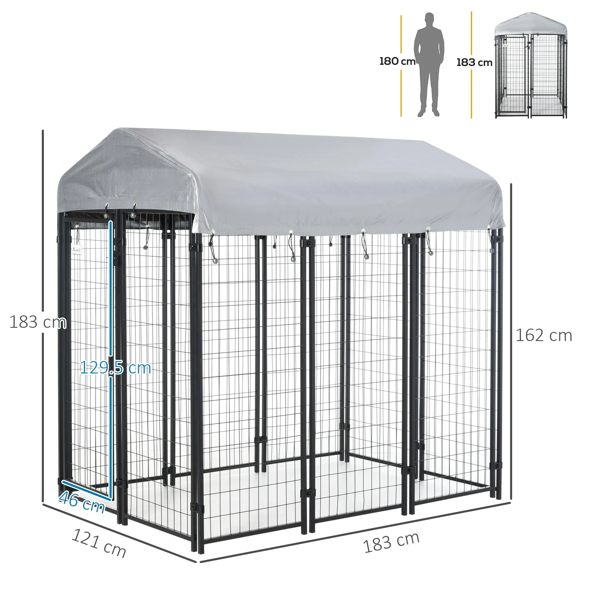 Outdoor Dog Kennel, Dog Run with UV-Resistant Canopy & Lockable Design, Metal Playpen Fence for Large and Medium Dogs, 183 x 121 x 183 cm