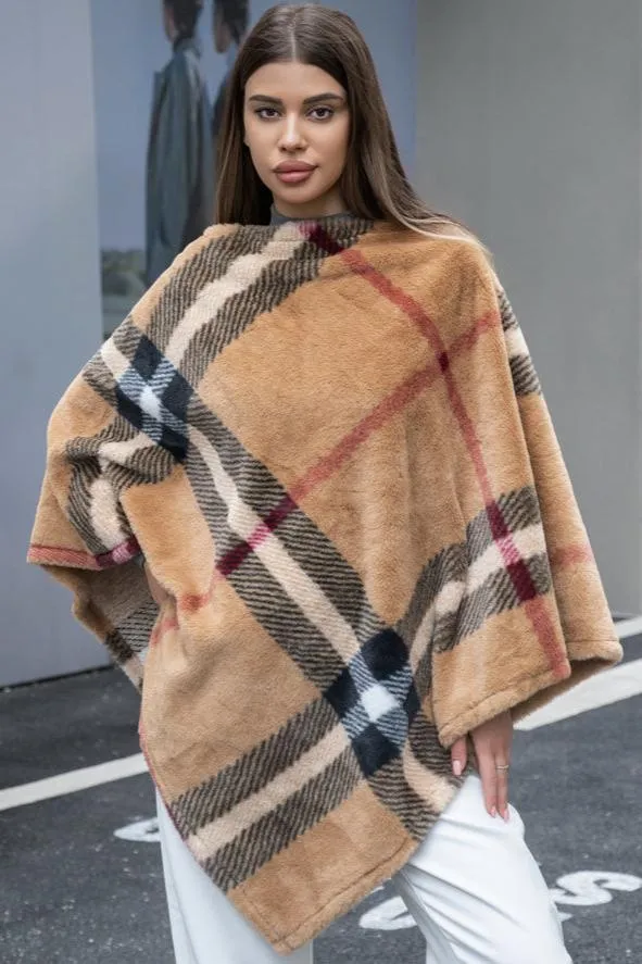 P6175 Plaid Faux Fur Poncho Cape