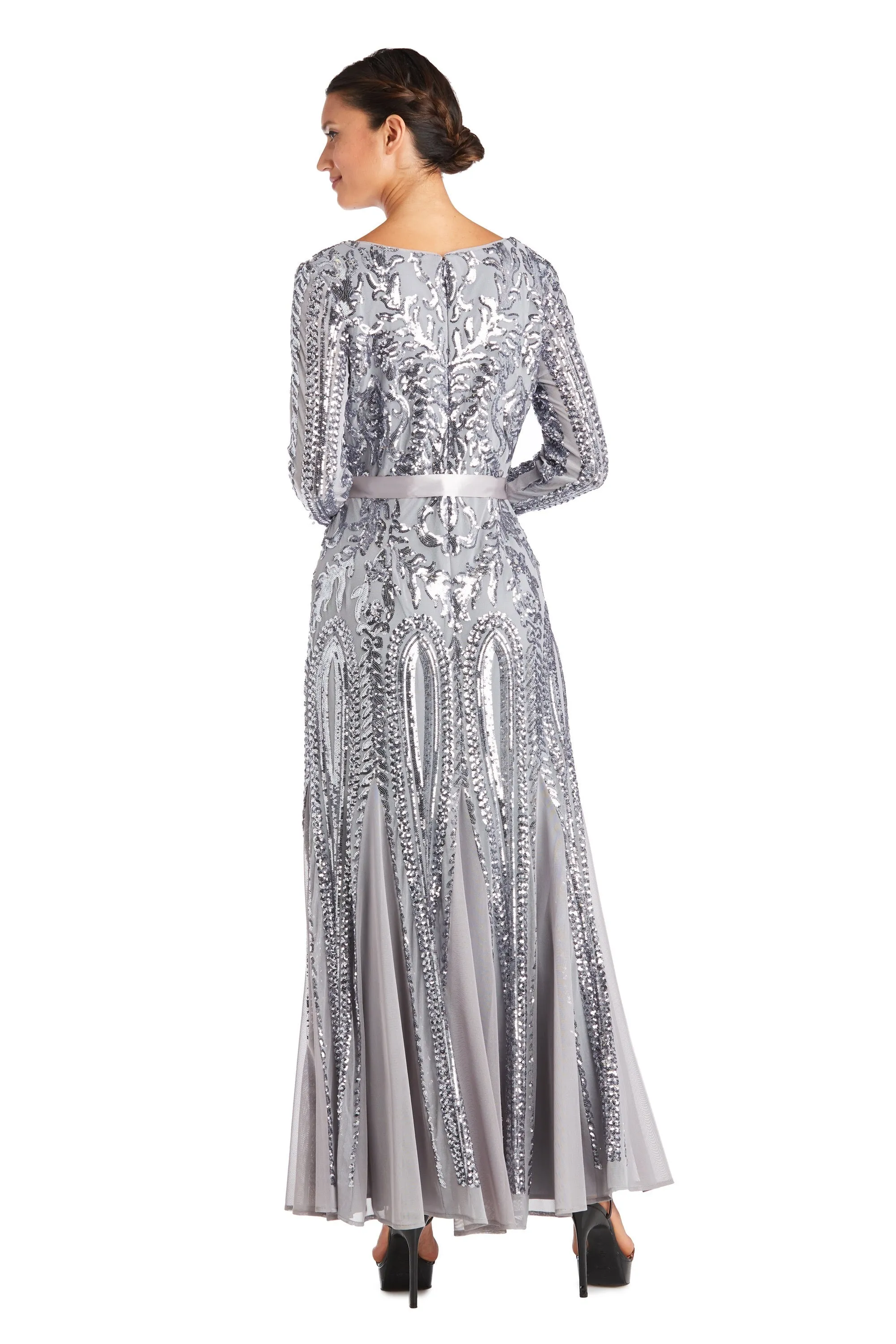 Petite Sequined Evening Gown with Long Sleeves