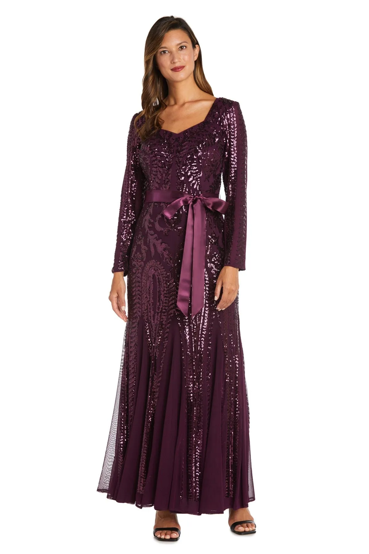 Petite Sequined Evening Gown with Long Sleeves