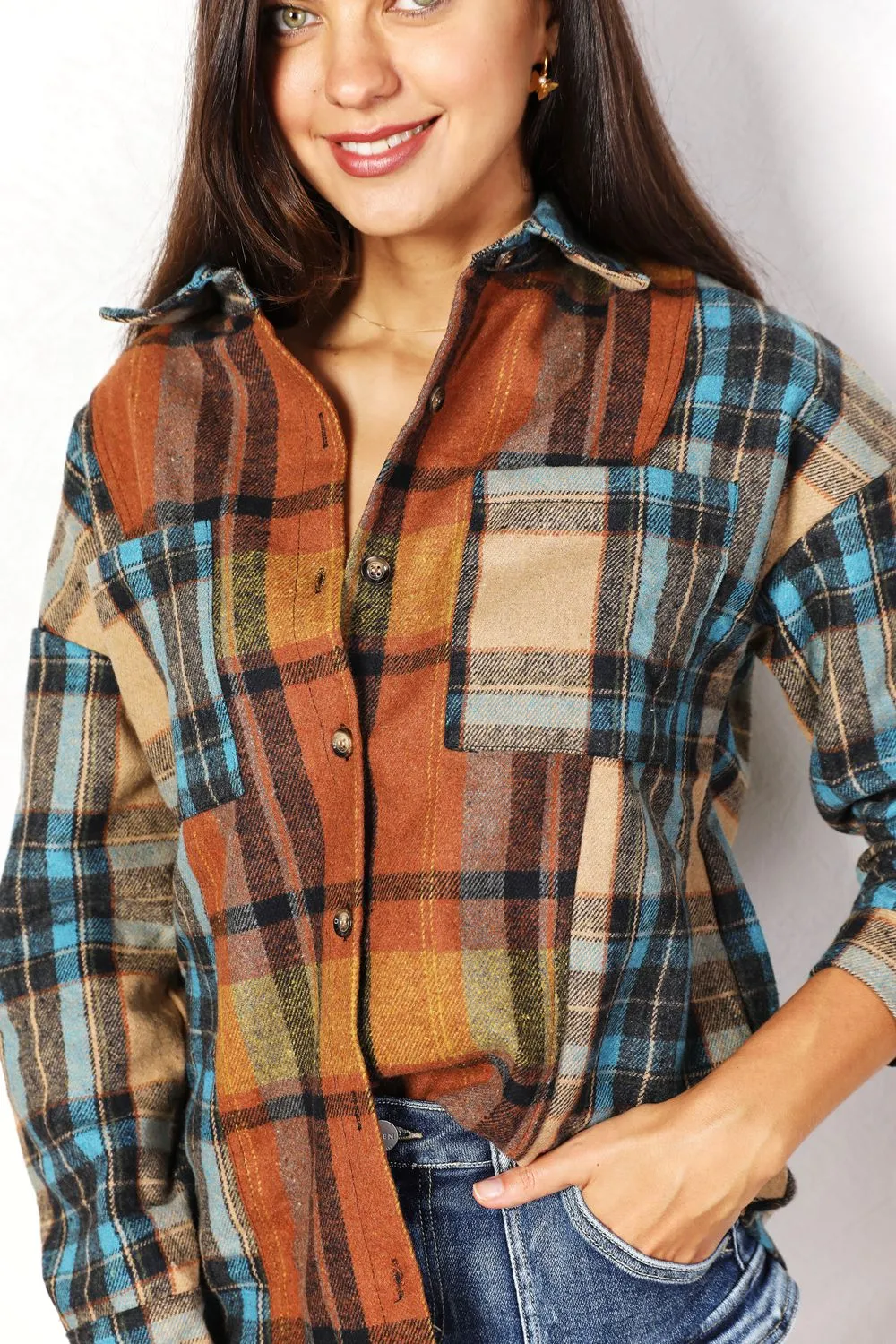 Plaid Curved Hem Shirt Jacket