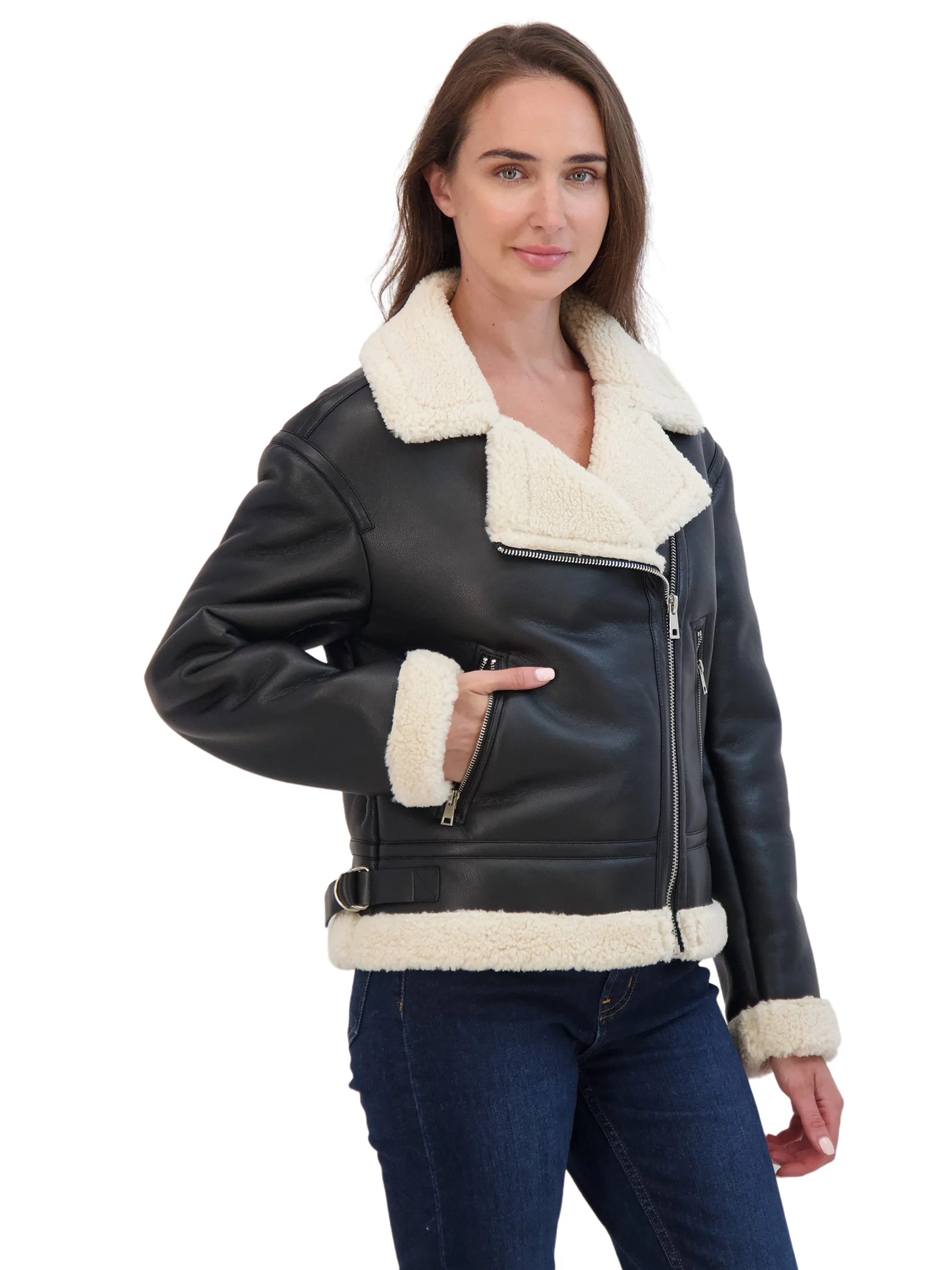 Sebby Collection Women's Moto Zip Front Faux Leather  Shearling Jacket