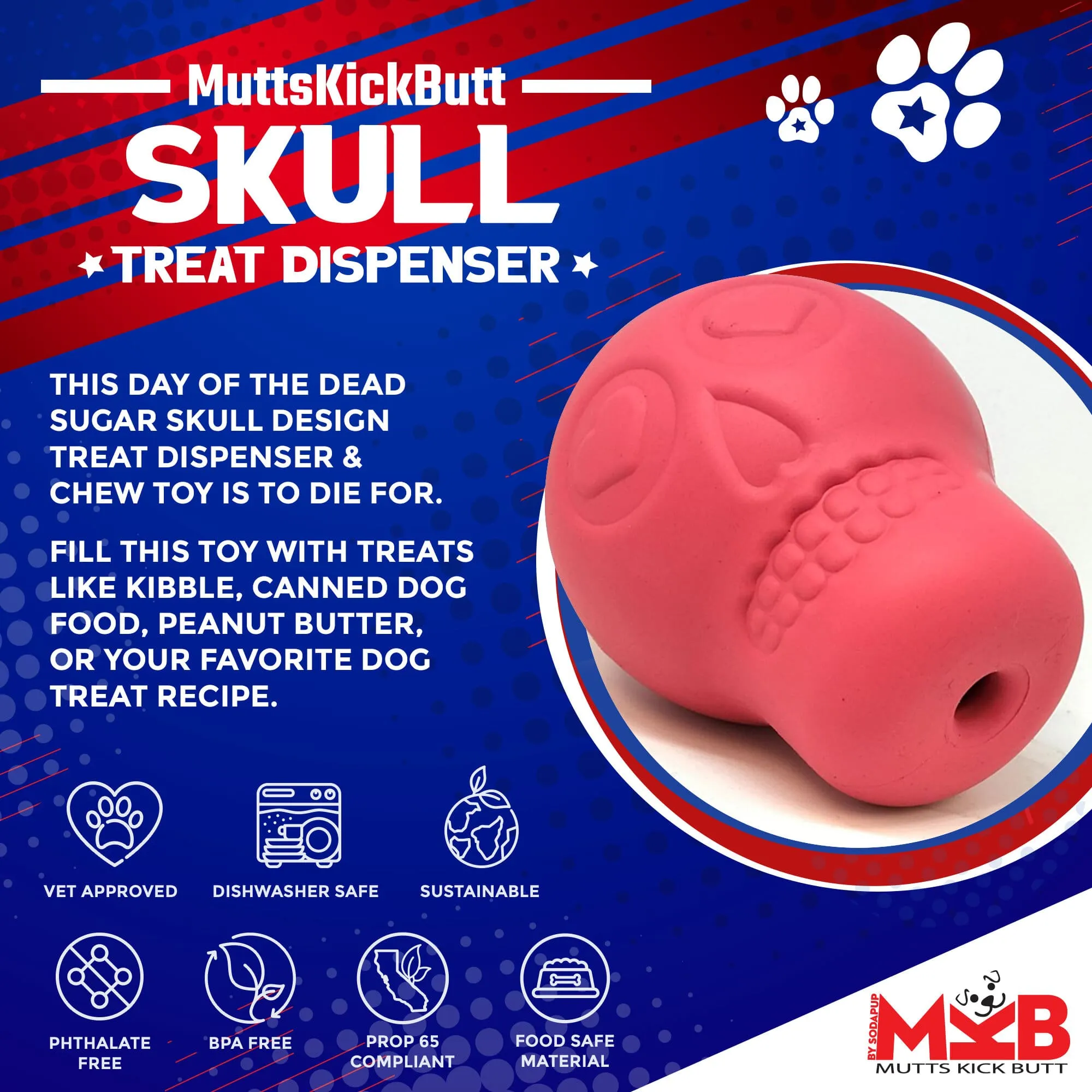 Sugar Skull eDispenser Durable Rubber Chew Toy & Treat Dispenser